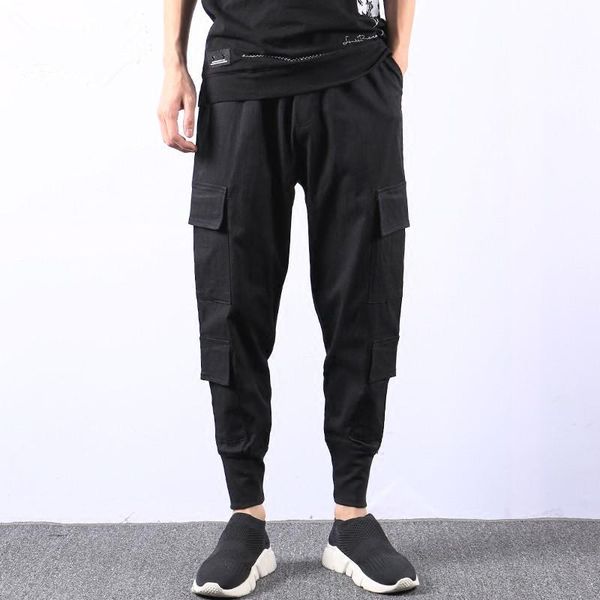 

summer men's personality trend casual pants loose breathab big pocket overalls fit teenagers singer costumes, Black