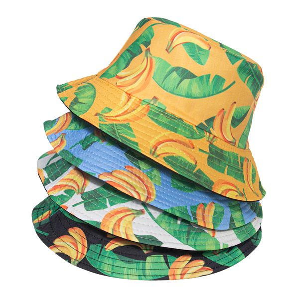 

spring summer black white yellow color fruit leaf banana print fisherman hat sun fishing caps adults woman man, Blue;gray