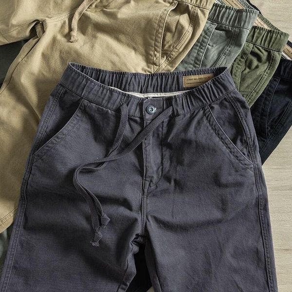 

men's pants autumn japanese retro casual overalls, old, washed loose, straight sports, nine-point drawstring trousers,, Black