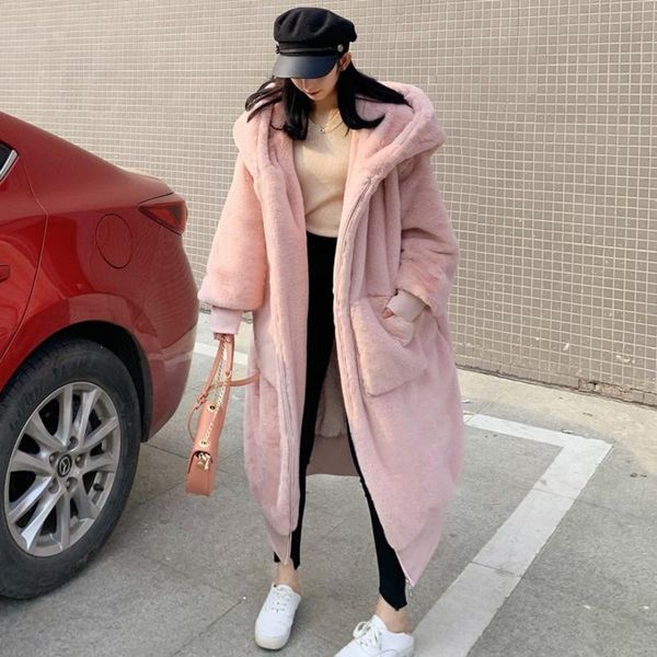 

women's fur & faux hoodies long pink coat oversized thicken elegant women winter plus size female plush coats, Black