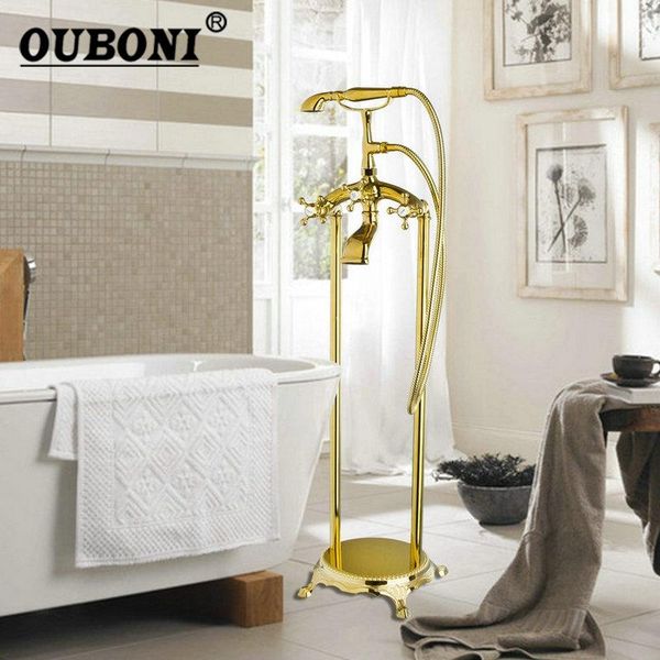

golden plated bathroom shower set floor mount tanding bathtub filler bath tub faucet sets