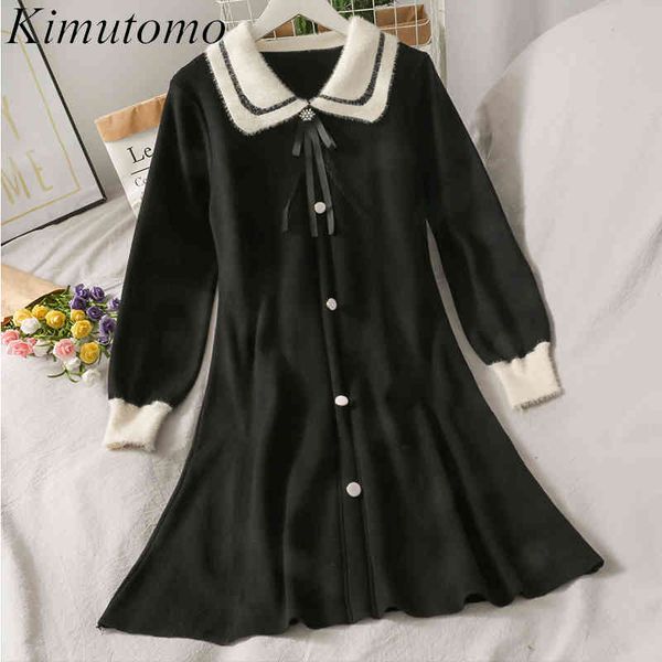 Kimutomo Bow Lace Up Gestricktes Kleid Frauen Umlegekragen Einreiher Colorblock Strickwaren Vestido Feminino Korea Chic 210521