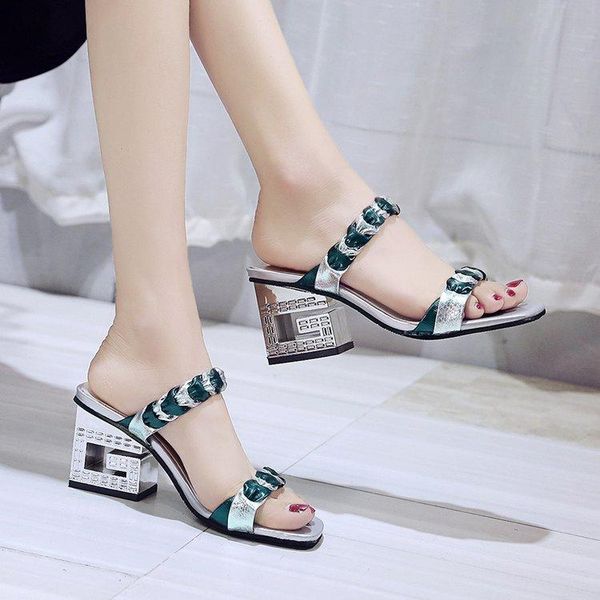 

slippers 2021 summer color matching open toe thick with sandals fashion wear and rhinestone wedge, Black
