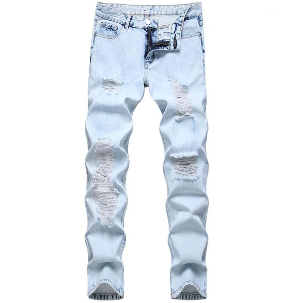 

men's distressed blue denim pants scratched broken holes skinny pencil jeans for men streetwear