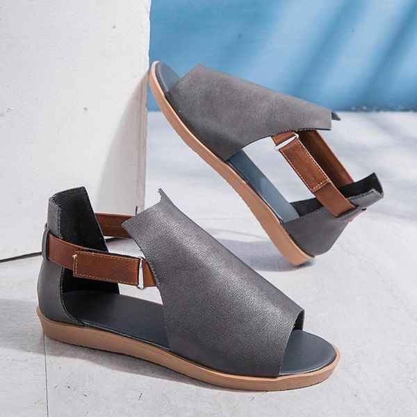 

retro solid colors soft leather peep toe flat sandals summer women 2021 outdoor beach, Black