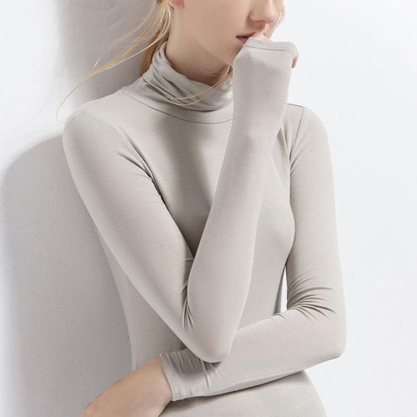 

women's t-shirt european large autumn long sleeve solid high collar modal bottom shirt top, White