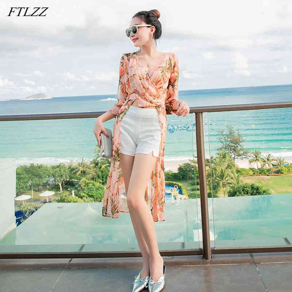 

summer women shorts two piece set casual floral print long sleeve crop and white ladies 210423
