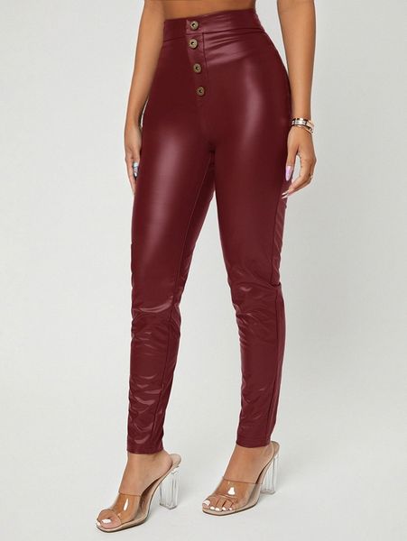 

high waist button front pu leather skinny pants r2v0#, Black;white