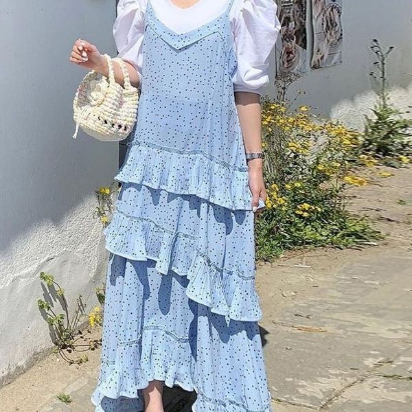 Корея шикарный повседневная мода V-образным вырезом в горошек Print Pieds Ruffled высокая талия синяя подвеска платье женщины лето 16W1381 210510
