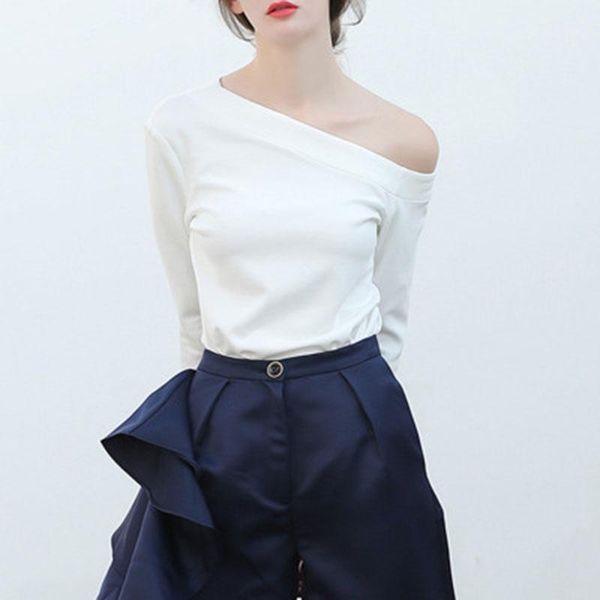 

women's t-shirt nducjsi off shoulder white t-shirts spring fashion casual slash neck slim slit long sleeve women