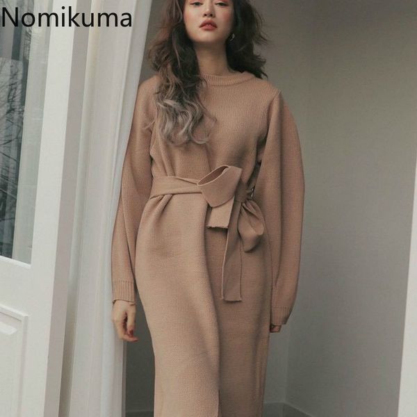 Nomikuma Coreano Elegante Abiti Lavorati A Maglia Autunno Inverno Arco Fasciatura Vita Sottile Donne Maglione Abito Manica Lunga Abiti 6C732 210427