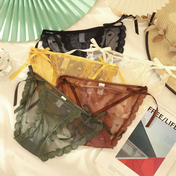 

independent lace hollowed out gauze underwear women's medium and low waist girls' briefs, Black;white