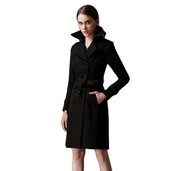 

spring women's mid-length waist lace-up double breasted fashion high-end british-style over-the-knee jacket trench coats, Tan;black