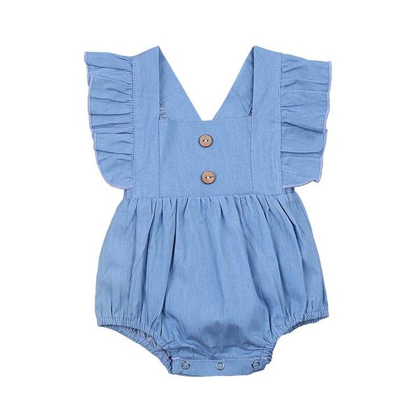 

rompers pudcoco 2021 summer 0-24m baby girl blue buttons flared short sleeve square collar denim bodysuit infant toddler clothes