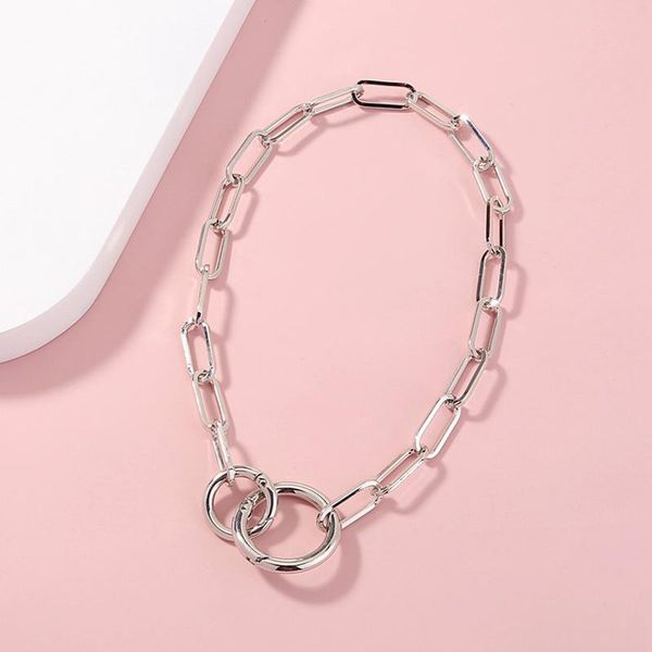 

pendant necklaces simple punk hip-hop circle necklace men and women collar thick chain lattice single-layer, Silver