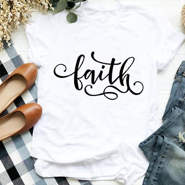 

faith letter simple fashion 90s women clothing print clothes tee for female graphic, White