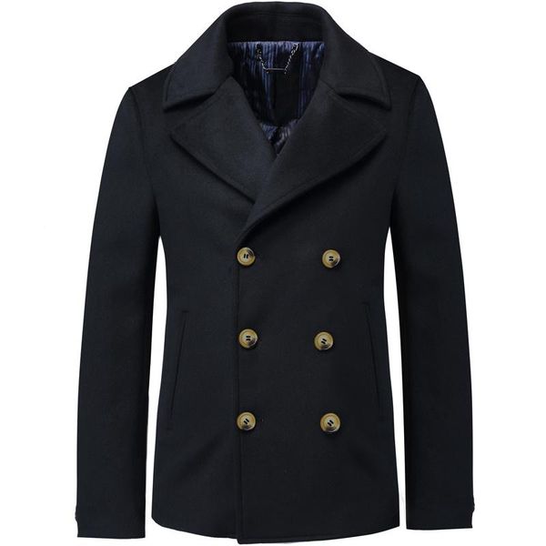 

men's wool & blends business coat double-breasted suit autumn and winter warm slim lapel short woolen jacket, Black