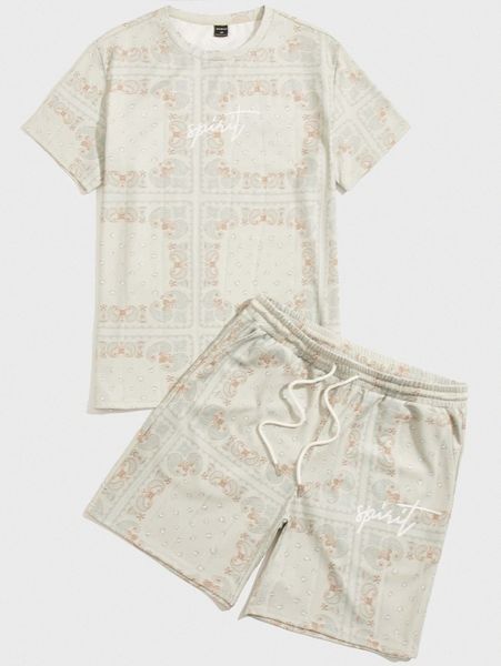 

men letter & paisley print tee and track shorts set l2bu#, Gray