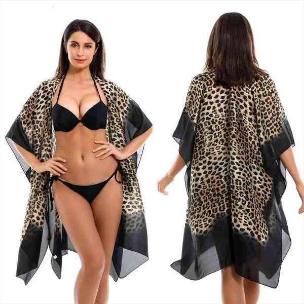 

woman beach swimsuit cover up gradient leopard pattern imitation silk sunscreen bikini cover and kimono cardigan sarong, White;black
