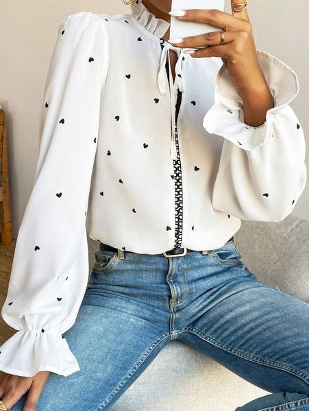 

confetti heart print flounce sleeve frilled tie neck blouse j0bf#, White
