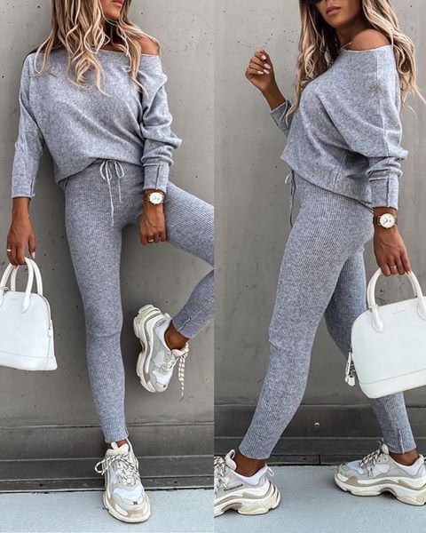 

women's tracksuits spring autumn 2 pieces sets women fashion ladies solid color long sleeve outfits slash neck streetwear joggers track, Gray