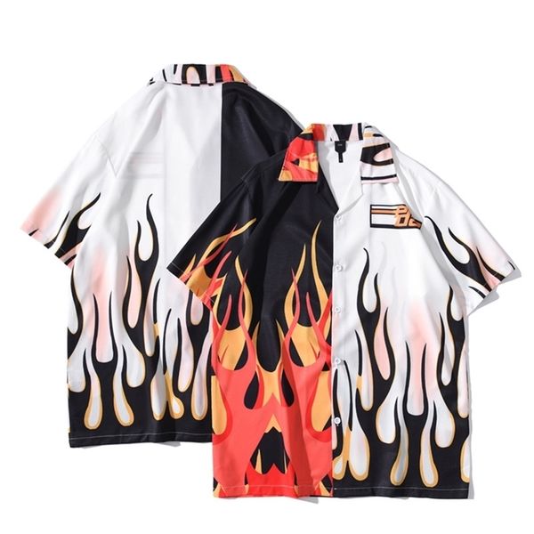 

summer mens vintage black white patchwork shirt man flame printed short sleeve male hawaiian beach harajuku s 210721, White;black