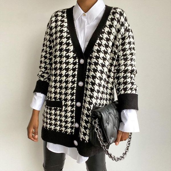 

women button black v neck sweaters houndstooth cardigan long sleeve autumn winter knitted loose oversized jumper, White;black