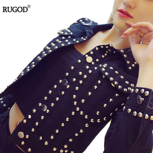 

women's jackets rugod 2021 denim jacket women short jeans overcoat ladies turn down collar slim black rivet coat jaqueta feminina, Black;brown