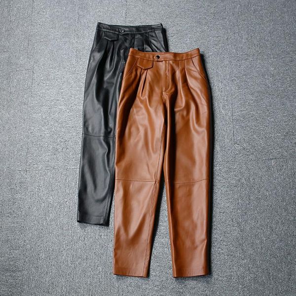 

women's pants & capris autumn high-rise leather pencil fashion genuine casual c438, Black;white