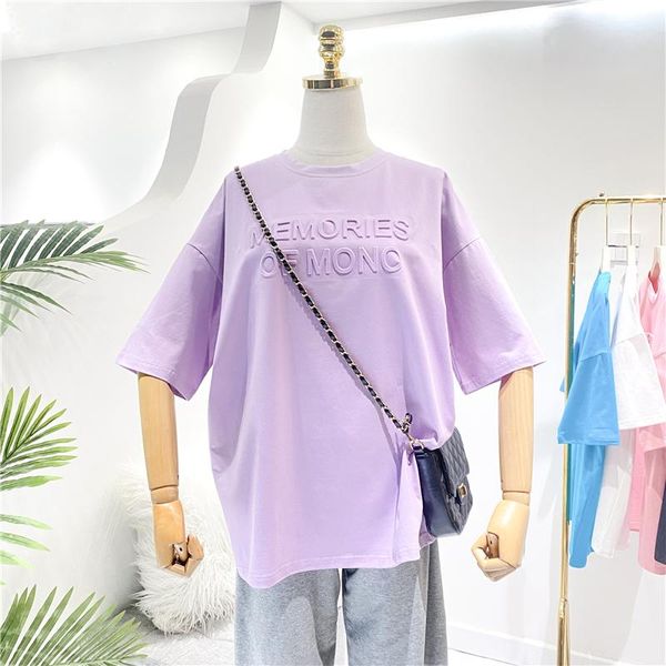 

purple t-shirt women's short-sleeved round neck loose korean-style mid-length plus cotton simple concave-convex printed, White