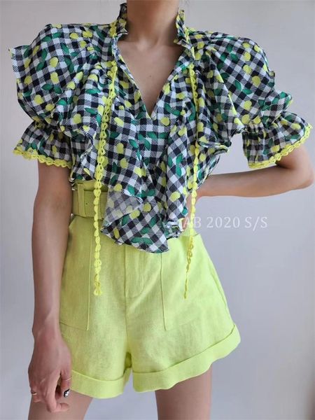 

women's blouses & shirts 2021 arrivals ruffled plaid lace-up summer shirt for ladies v-neck puff sleeve female fashion chic, White