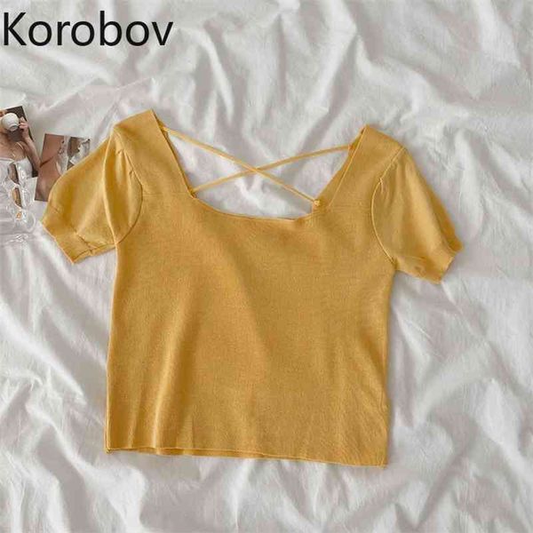 

korobov solid knitted t shirts new korean square collar short sleeve elegant chic t shirt preppy style streetwear tee 210430, White