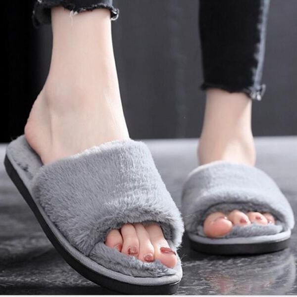 

autumn winter cotton slides shoes woman home faux women slippers fluffy plush indoor non-slip s28, Black