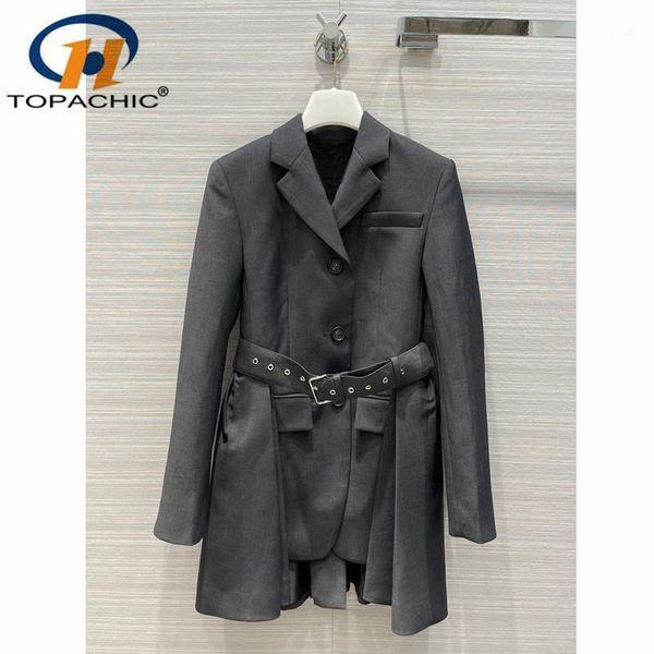 

4.8 high end 2021 early spring lapel fake two pieces design with belt long temperament blazer women women's suits & blazers, White;black