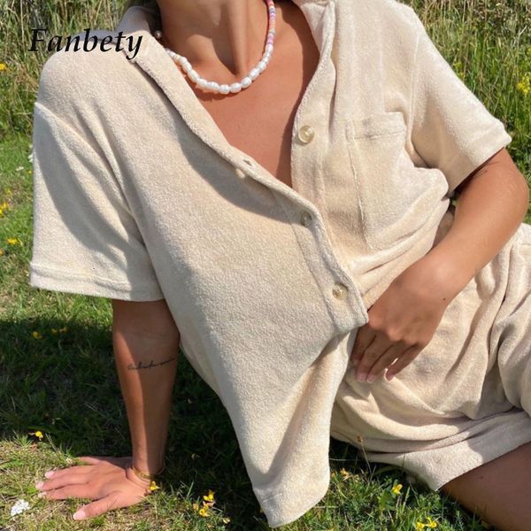 

two piece dress spring summer casual women sets short sleeve beach suits pocket button and pants fleece sleepwear soft female, White