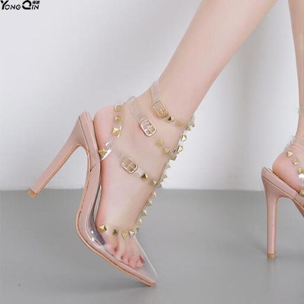 

rivet high-heeled shoes women's wild red pointed toe stiletto sandals women, Black