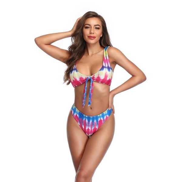 

fast and delivery women's scoop neck tie dye crop high waisted cheeky bikini set one-piece suits