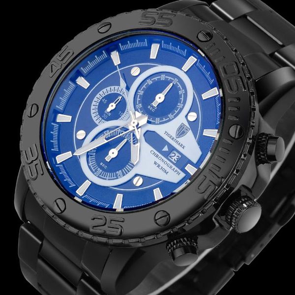 

wristwatches tigershark men sports watch quartz chronograph stainless steel strap 30m waterproof relogio masculino t1580, Slivery;brown