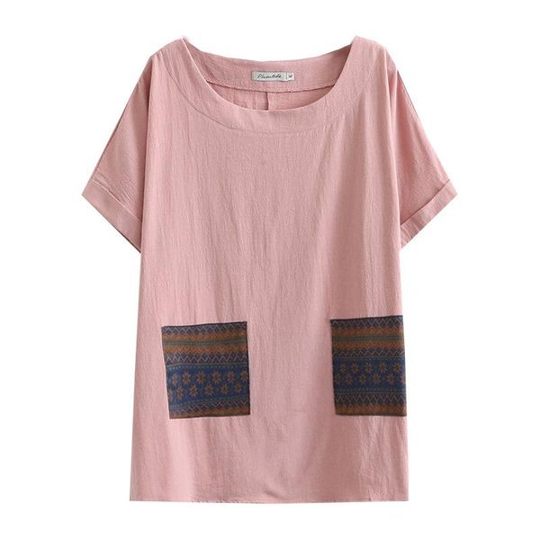 

women t shirt oversize tees 2021 summer casual clothes short sleeve plus size cotton linen patch pocket camiseta mujer women's t-shirt, White