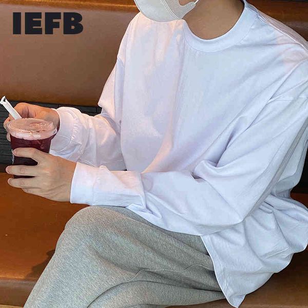 

iefb korean fashion o-neck long sleeve white t-shirt casual clothes for lovers loose oversize men's all-match 5212 210524, White;black