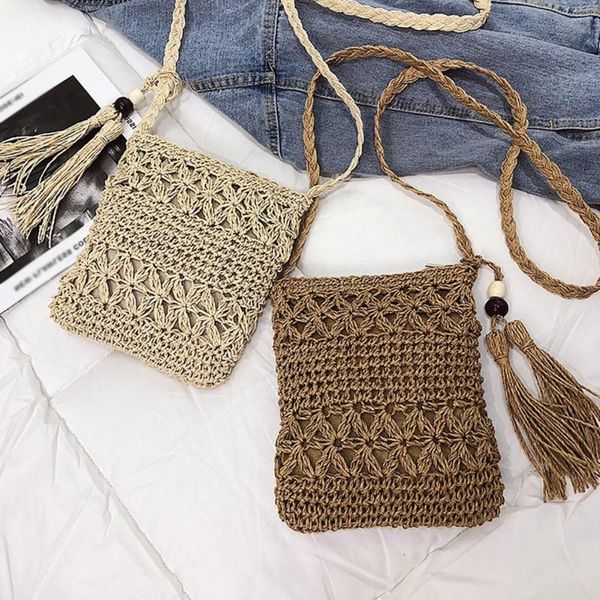 

duffel bags women woven rattan bag straw shoulder tassel solid color crossbody beach casual holiday