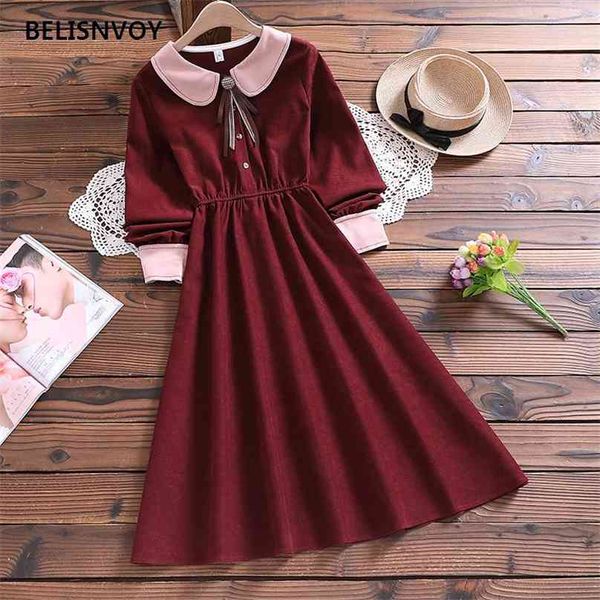 Mori Girl Cute Sweet Dress Japan Style Autunno Inverno Moda Arrivo Bow Manica lunga Lady Vintage Elegant Solid Vestido Mujer 210520