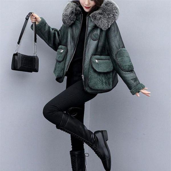 

women's fur & faux lamb wool coats long sleeve hooded zipper short coat women outwear solid green winter thick jackets trench, Black