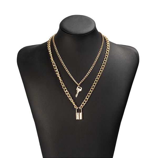 

multi layer lock exaggerated metal geometric key trendy punk necklace, Silver