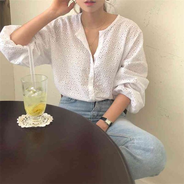 

spring autumn women's korean style crochet lace hollow solid color lantern sleeve loose female s gx362 210507, White