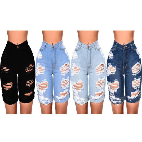 

women's jeans fashion all-match ripped high waist stretch mom denim shorts, Blue