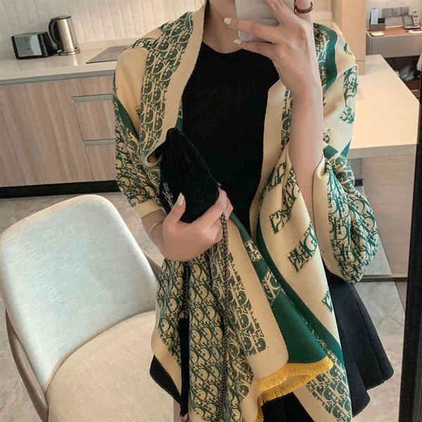 

the new design tassel decoration air conditioning shawl autumn winter imitation cashmere 2021 jacquard short beard scarf warm thickened bib, Blue;gray