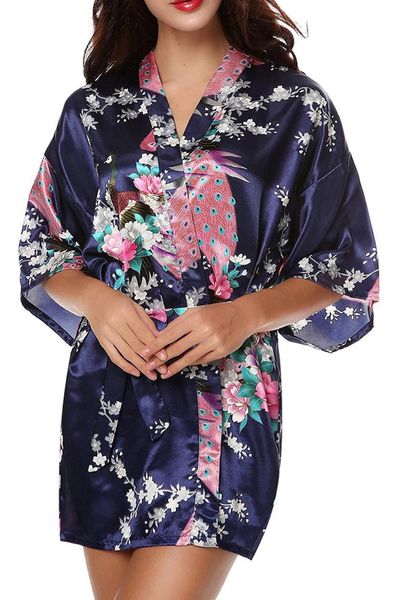 

women's sleepwear satin kimono bridesmaid short navy robe bathrobe with pockets dressing gown robes, Black;red