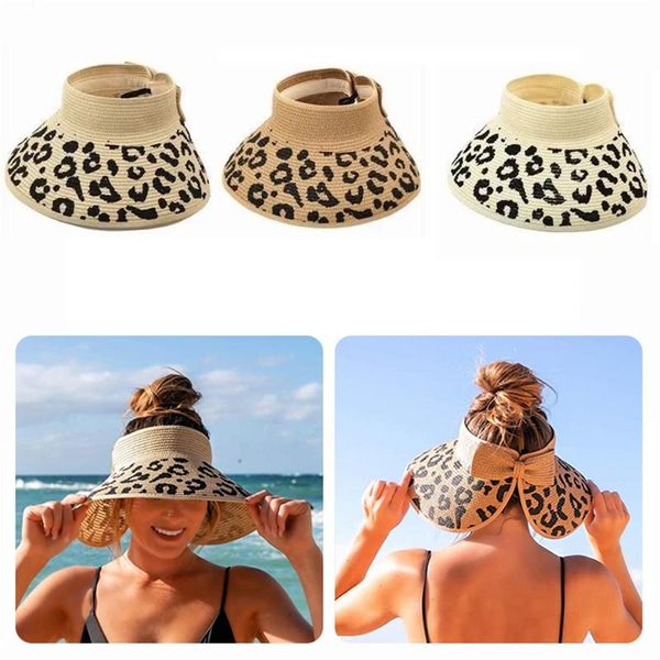 

wide brim hats bow foldable leopard visor hat beach sun straw cap, Blue;gray
