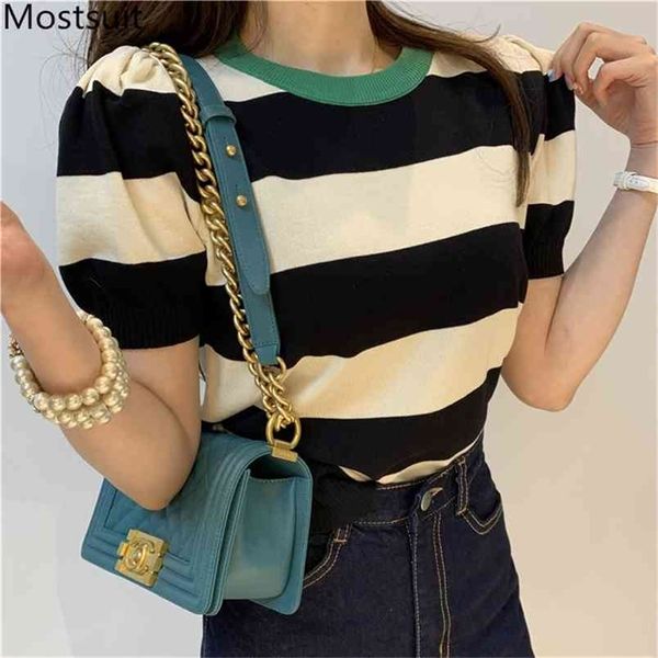 

summer korean knitted striped t shirts women short sleeve o-neck casual fashion female tees pullovers t-shirts 210513, White